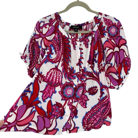 Karen Kane Top Pink Floral Puff Sleeve Button up Crepe Tropical - Picture 2 of 10